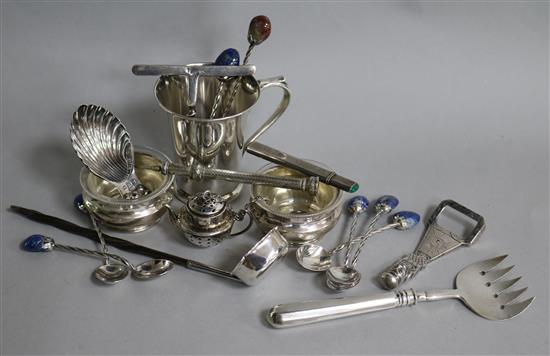 A Victorian silver small toddy ladle, a later silver caddy spoon and a quantity of other items including continental silver.